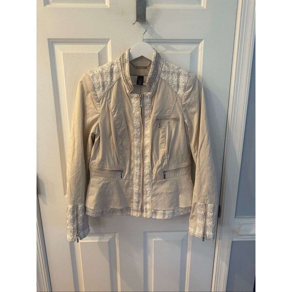 WHBM Cream Satin & Tweed Zip Up Peplum Romantic Jacket sz 8 EUC